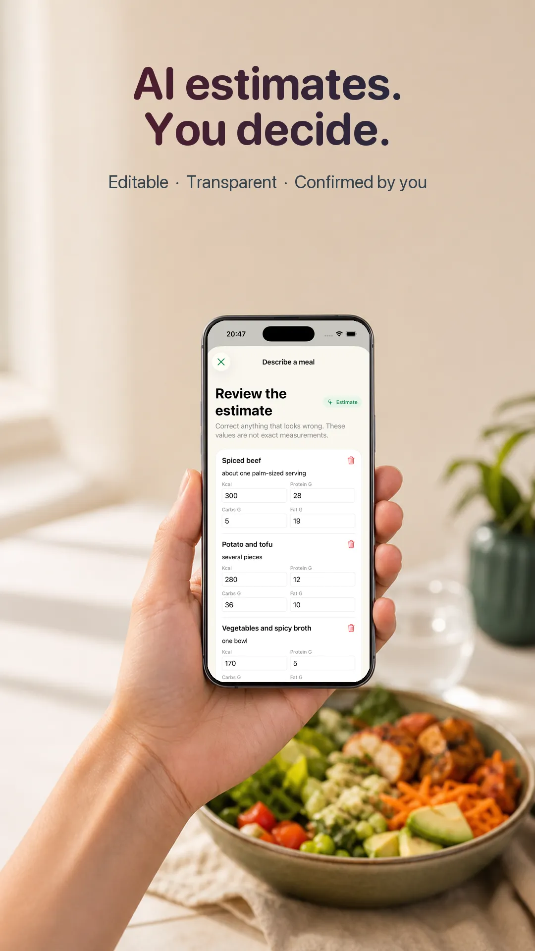 EatLose lets people review and edit an AI meal calorie estimate before confirmation